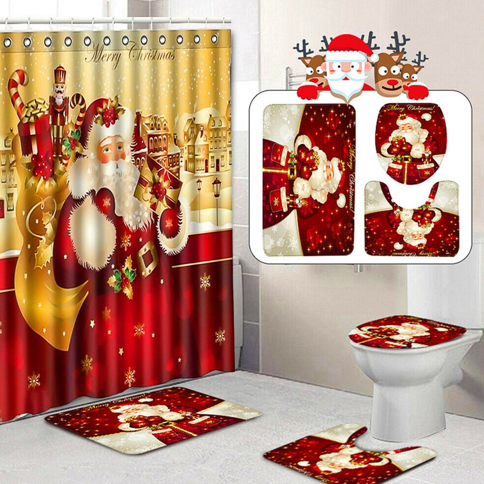 4Pcs Christmas shower Curtain Bathroom Anti-slip Carpet Rug Toilet Cover Mat Set