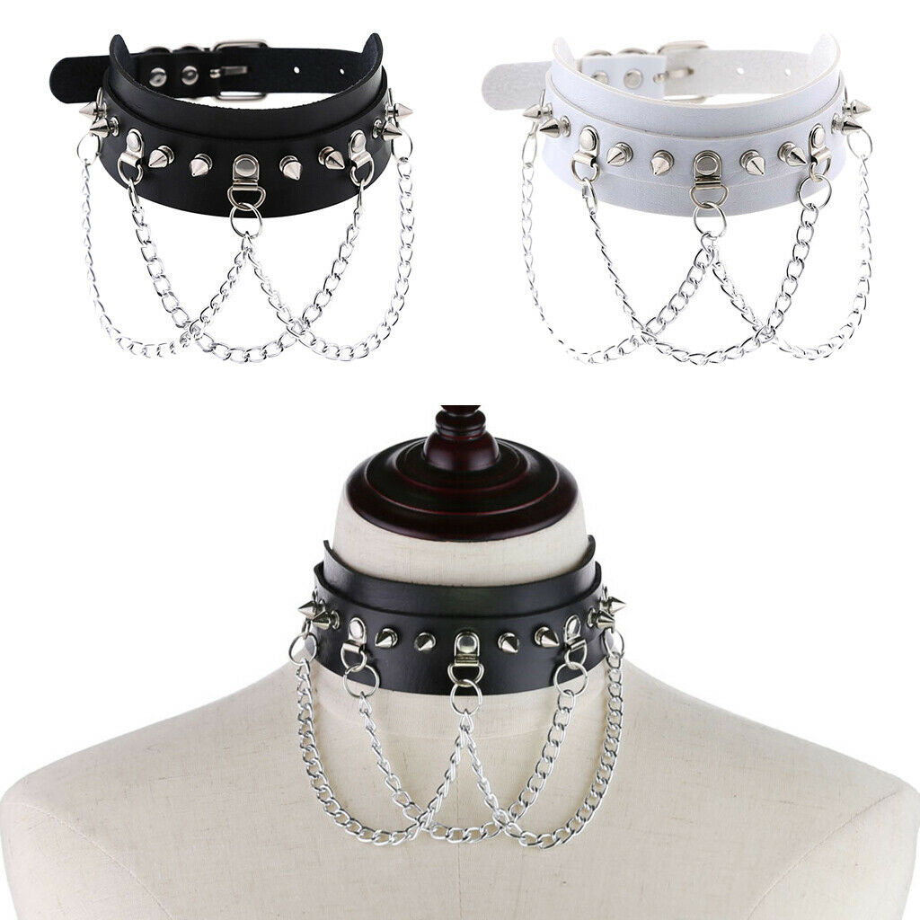 2Pcs Pu Leather Choker Collar Women Men Studs Chains Necklace Rock Jewelry