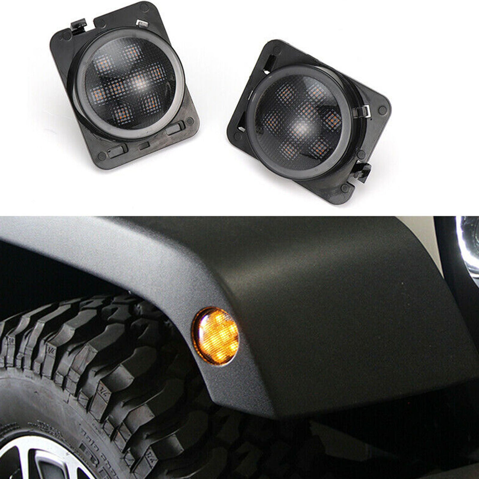 Pair Front Fender LED Side Marker Light Smoke Lens for 2007-18 Jeep Wrangler JK