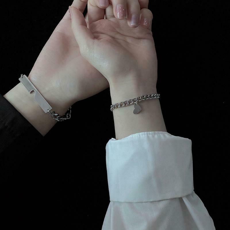 2Pcs/Set Geometric Heart-shaped Puzzle Bracelet Stainless Steel Cuba NK Chain