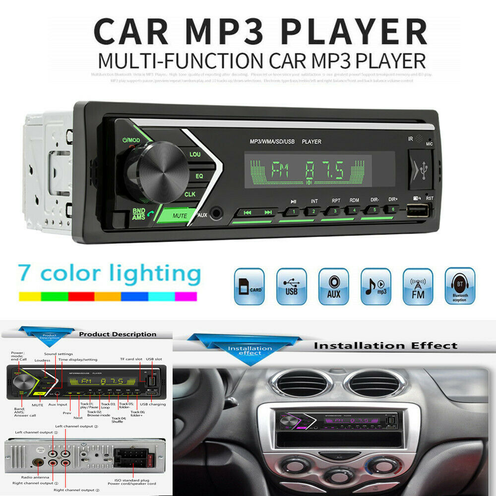 12V Car MP3 Player Audio In-Dash Bluetooth Hands-free FM Radio Colorful Lights