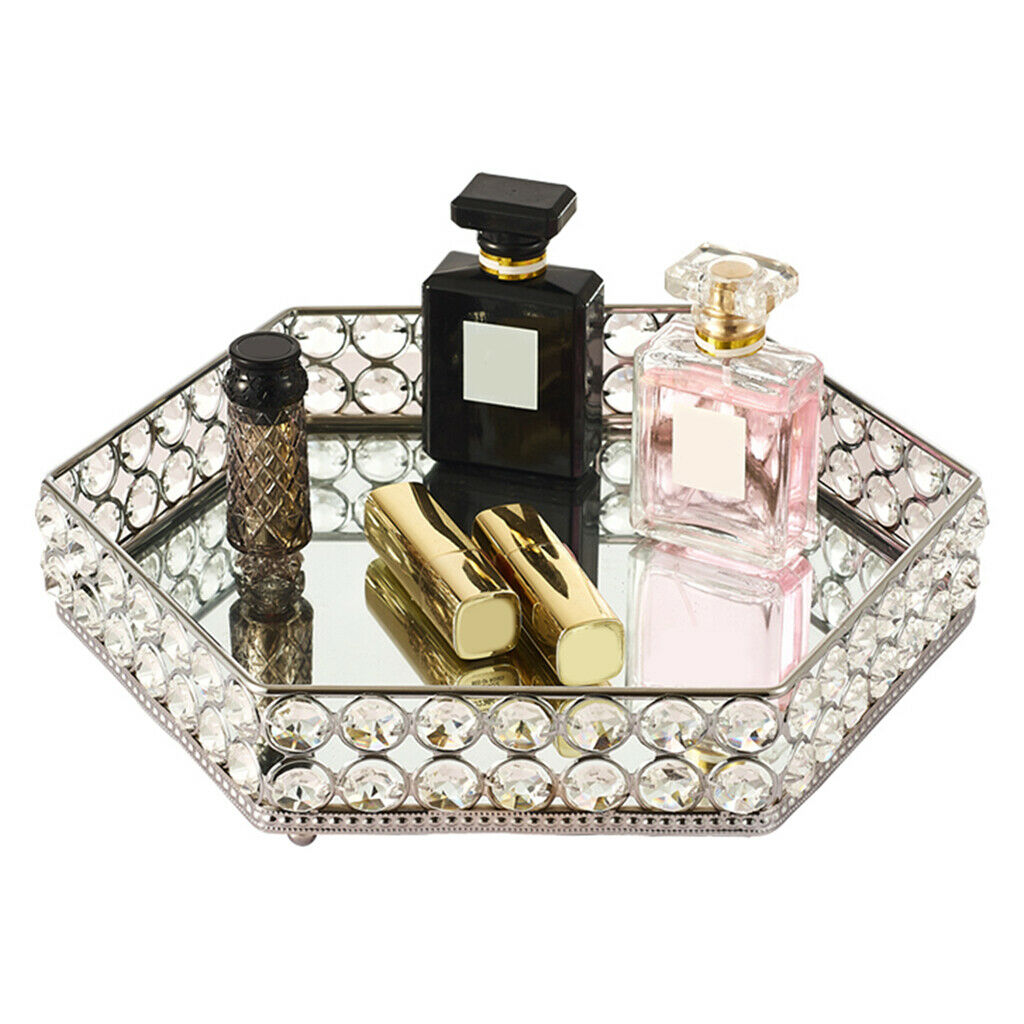1pc Modern Mirrored Crystal Vanity Tray Ornate Trinket Desktop Decor Plate