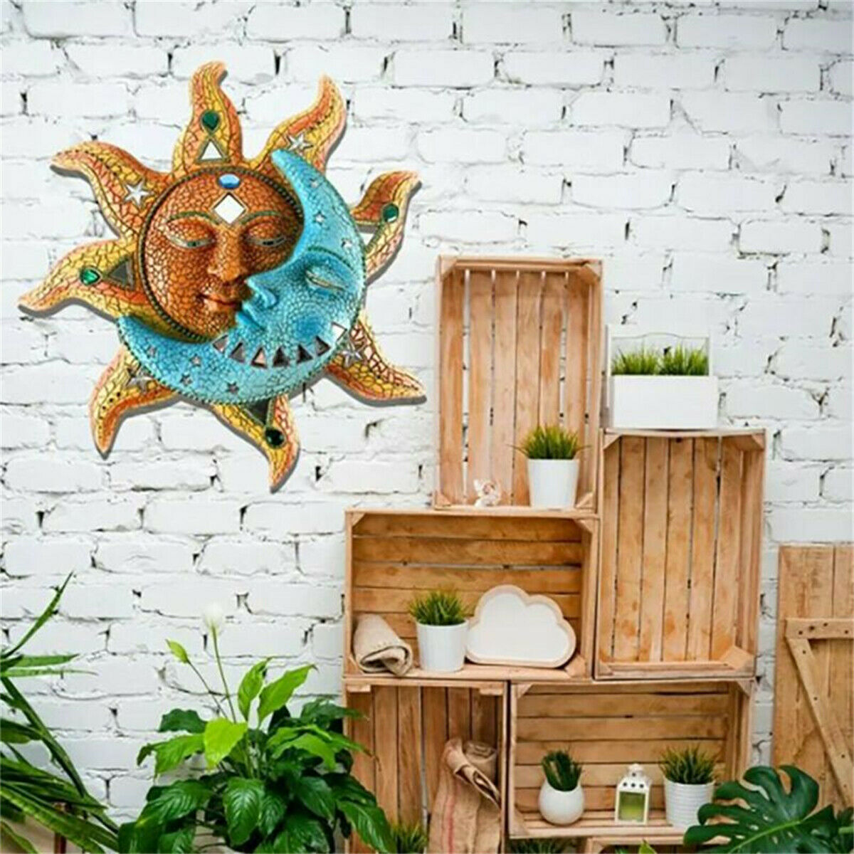 Golden Sun And Blue Moon Home Decor Indoor Outdoor Art Statue Sculpture DIY Gift