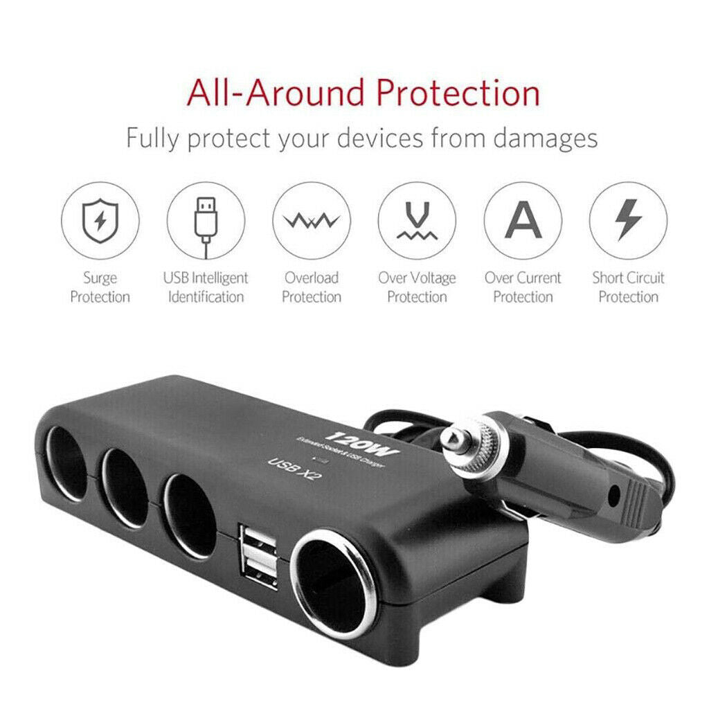Car Cigarette Lighter 4 Way Multi Socket Splitter Charger 12V/24V 2 USB Port
