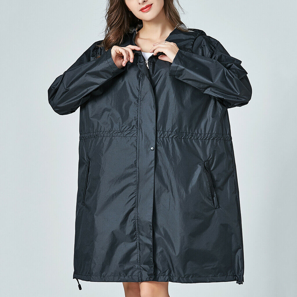 Women's Lightweight Raincoat Hooded Waterproof Outdoor Long Jacket L Black