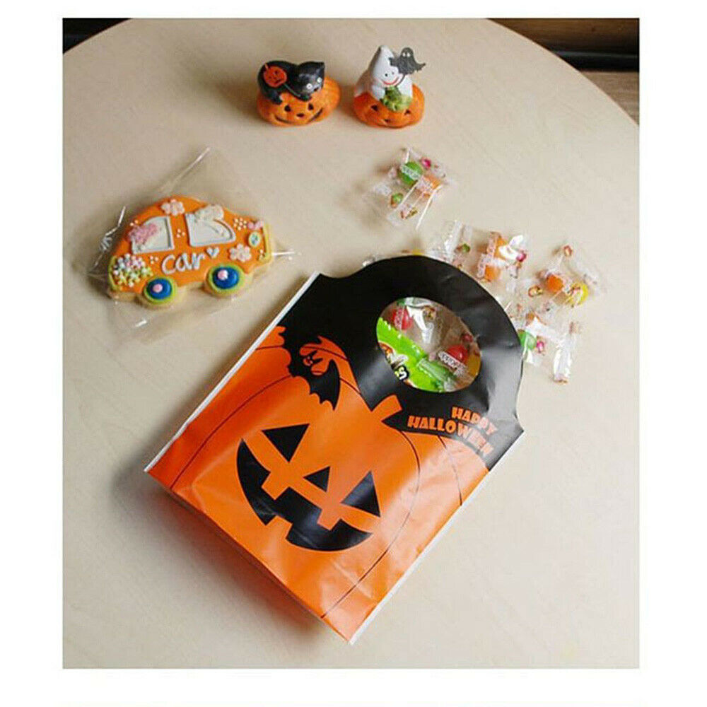 50x Happy Halloween Orange Pumpkin Plastic Tote Bag Trick or Treat Gift Candy