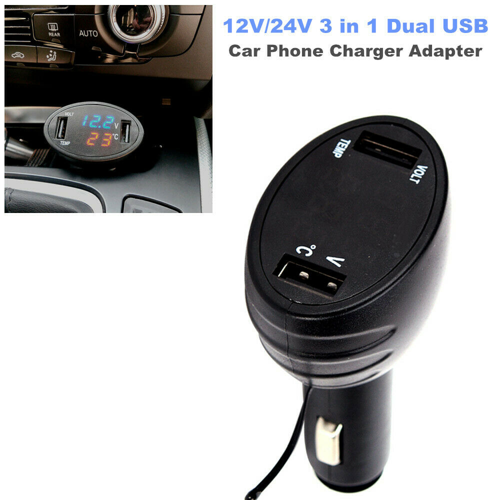 12V/24V 3 in 1 Dual USB Car Phone Charger Adapter LED Display Fast Charging
