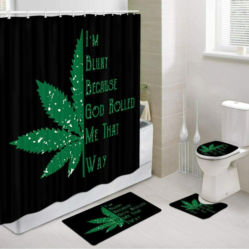 Black Hippie Trippy Cannabis Leaves Shower Curtain Toilet Pad Cover Bath Mat