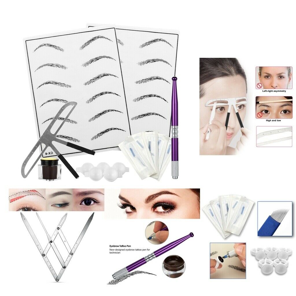 Eyebrow Microblading Set Permanent Needles Rulers Ring Cups Skin Pratice Pen