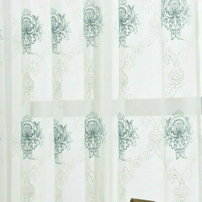 Embroidery Floral Net Curtain Pelmets Tulle Voile Window Panel Drape Sheer Blue