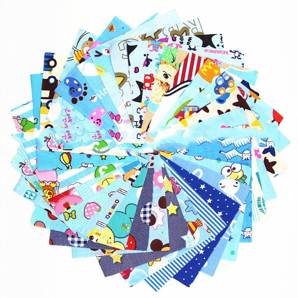 30Pcs 10cm Blue Cartoon Cotton Printed Fabric Patchwork Cloth for Handmade Craft