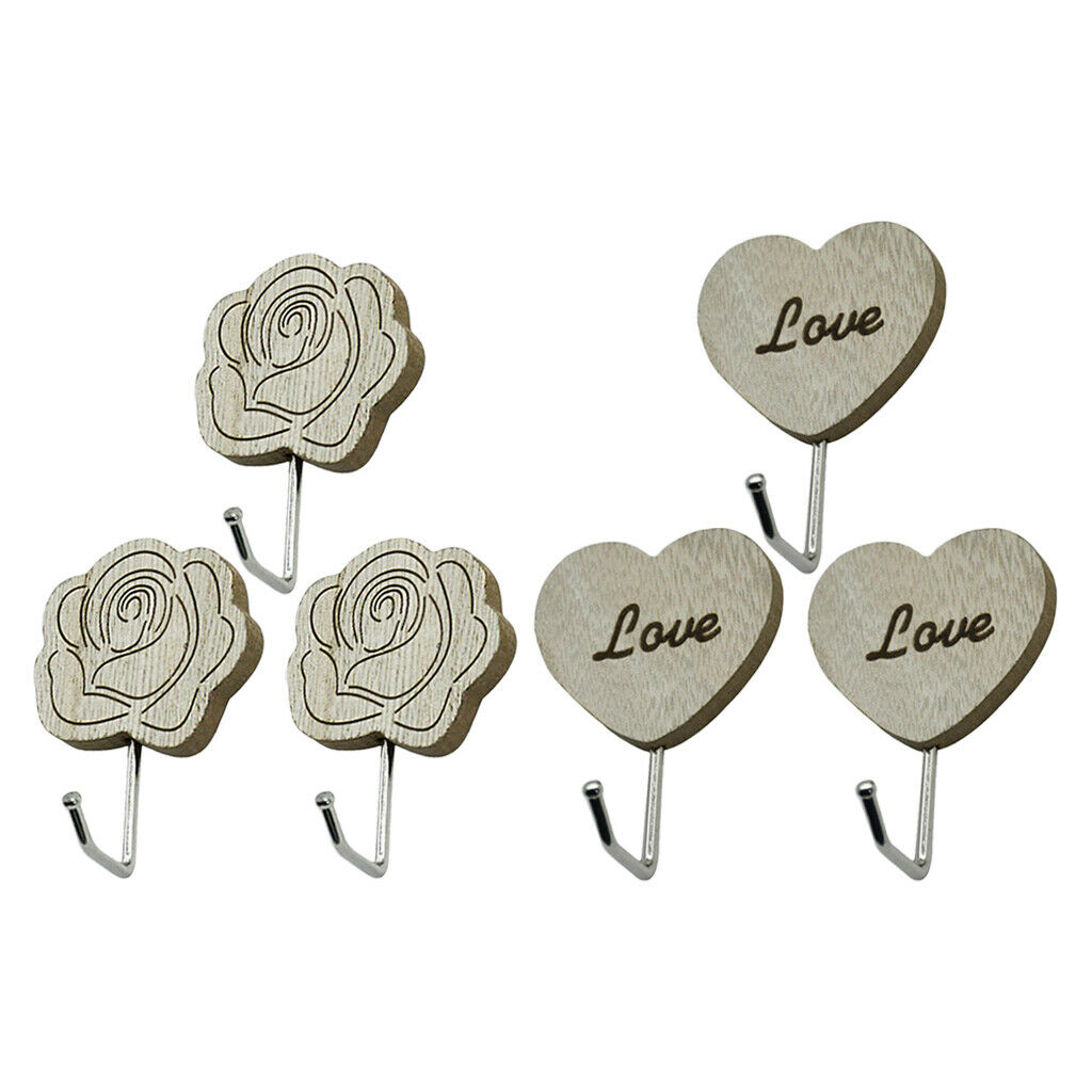 6pcs Retro Style Wooden Wall Hanger Hook Adhesive Bathroom Coat Wall Hangers