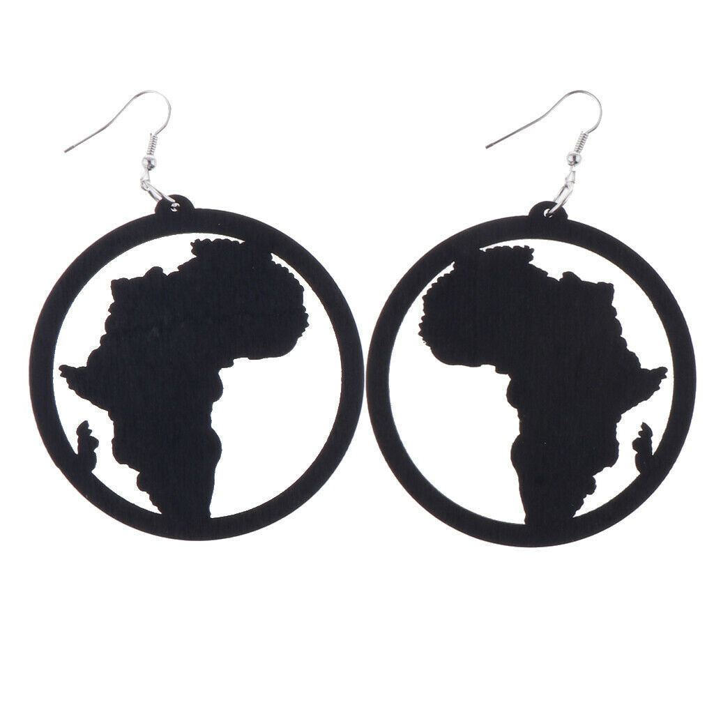 2 Pair Exaggerate Geometric African Map Wooden Drop Dangle Hook Earrings Set