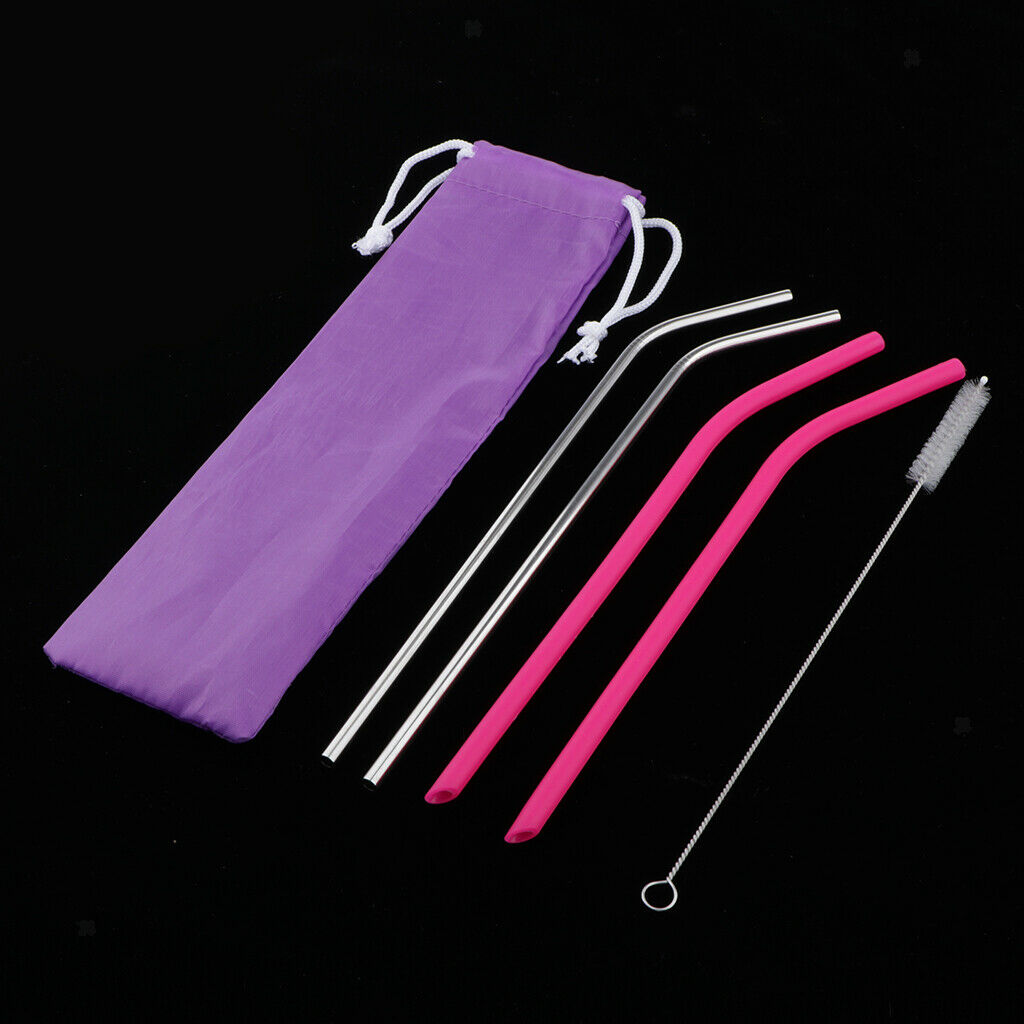 6 Pieces Silicone Drinking Straw Stainless Steel Cocktail Straws Reusable