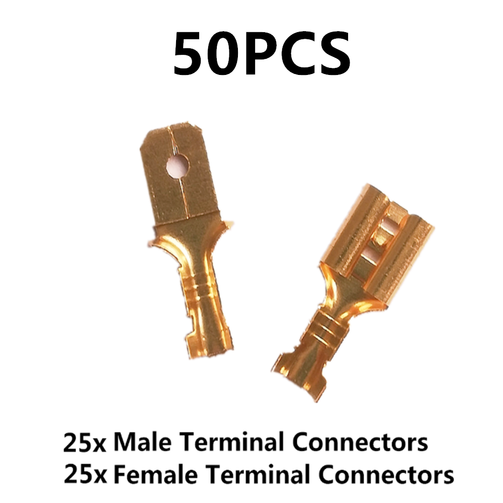 50PCS 6.3mm Male+Female Terminals Brass Copper Crimp Wire Spade Connectors
