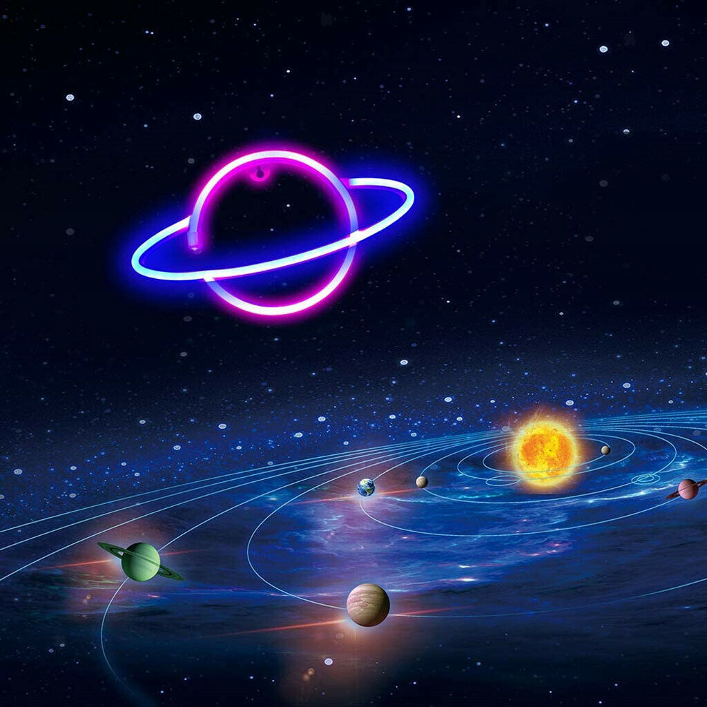 Hanging Planet Neon Signs Planet Neon Light Led Wall Art Light Lamps Blue_Pink