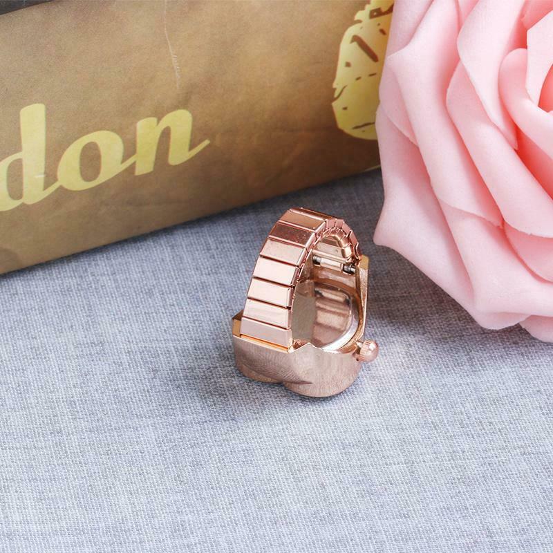 Copper Tone Heart Shape Housing Elastic Band Finger Ring Watch For Women
