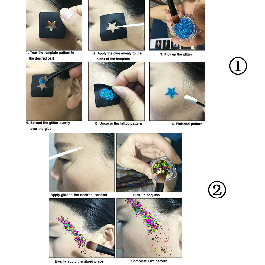 Face Hair Eye Makeup Iridescent Shiny Sparkling  Powder Tattoo Stencils Kit