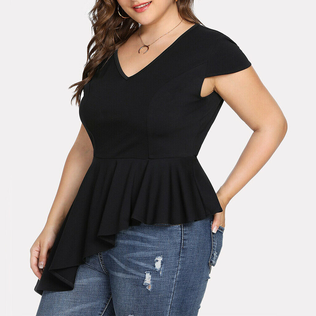 Women Black V-neck Asymmetric Swing T-shirt Summer Tunic Tops Plus Size 4XL