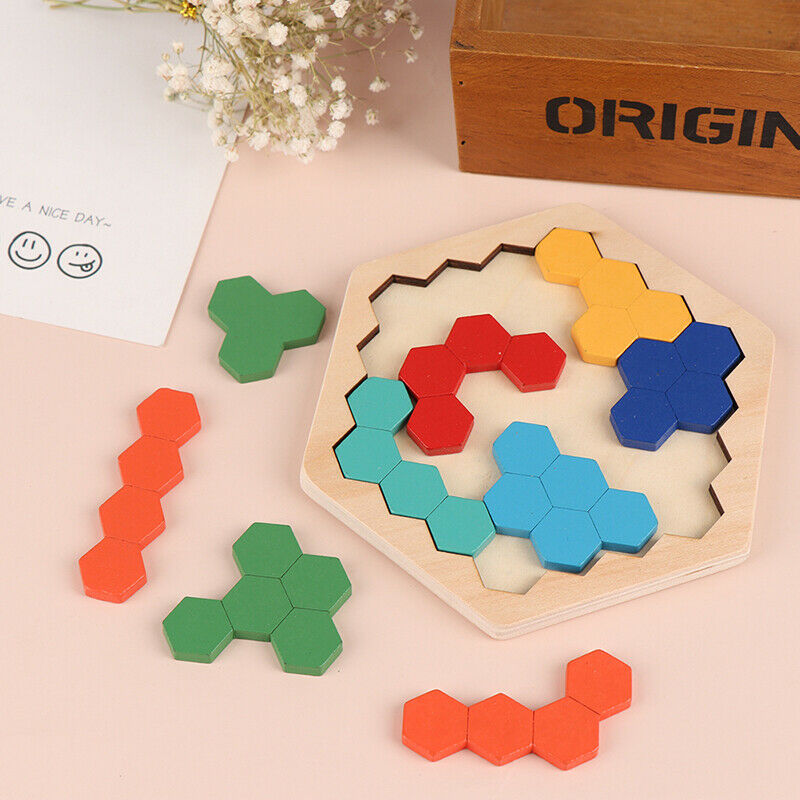 Wooden Hexagon Puzzle For Kid S Shape Pattern Block Tangram Brain Teas.l8