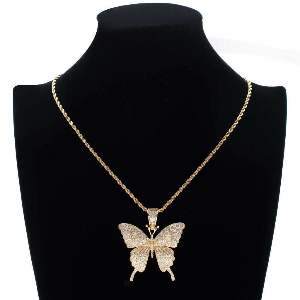 2x Charm Jewelry Zircon Butterfly Pendants Necklace Hip Hop Chain Unisex