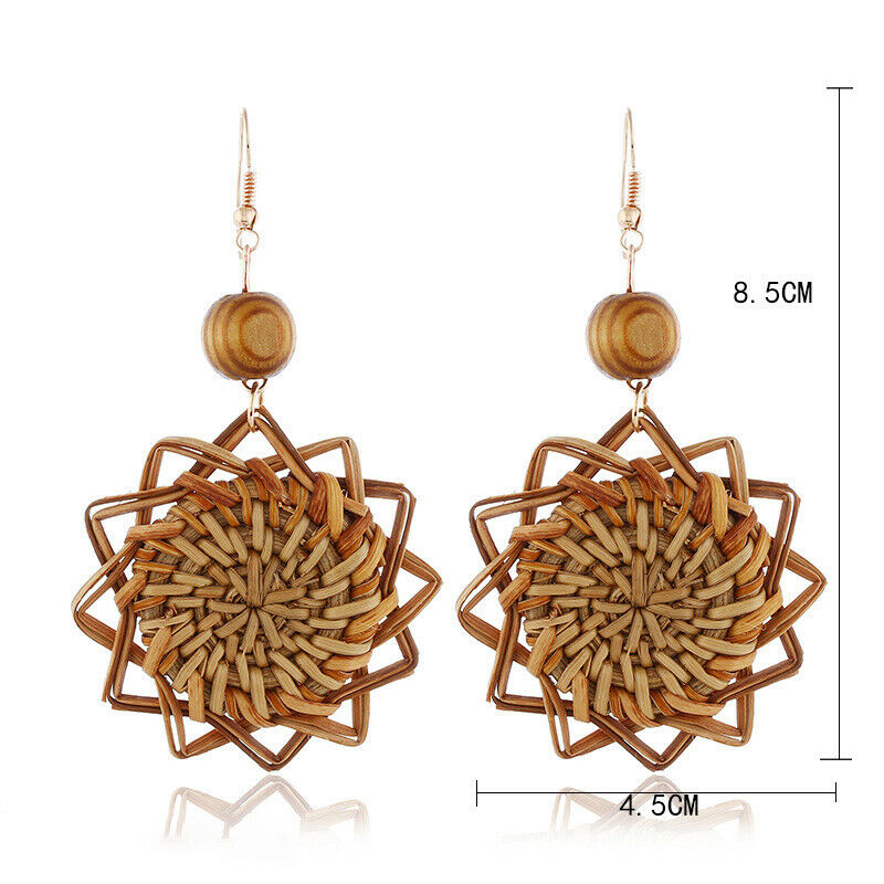 Handmade Wood Bamboo Rattan Geometric Pendant Ear Stud Earrings Women Jewelry Pb