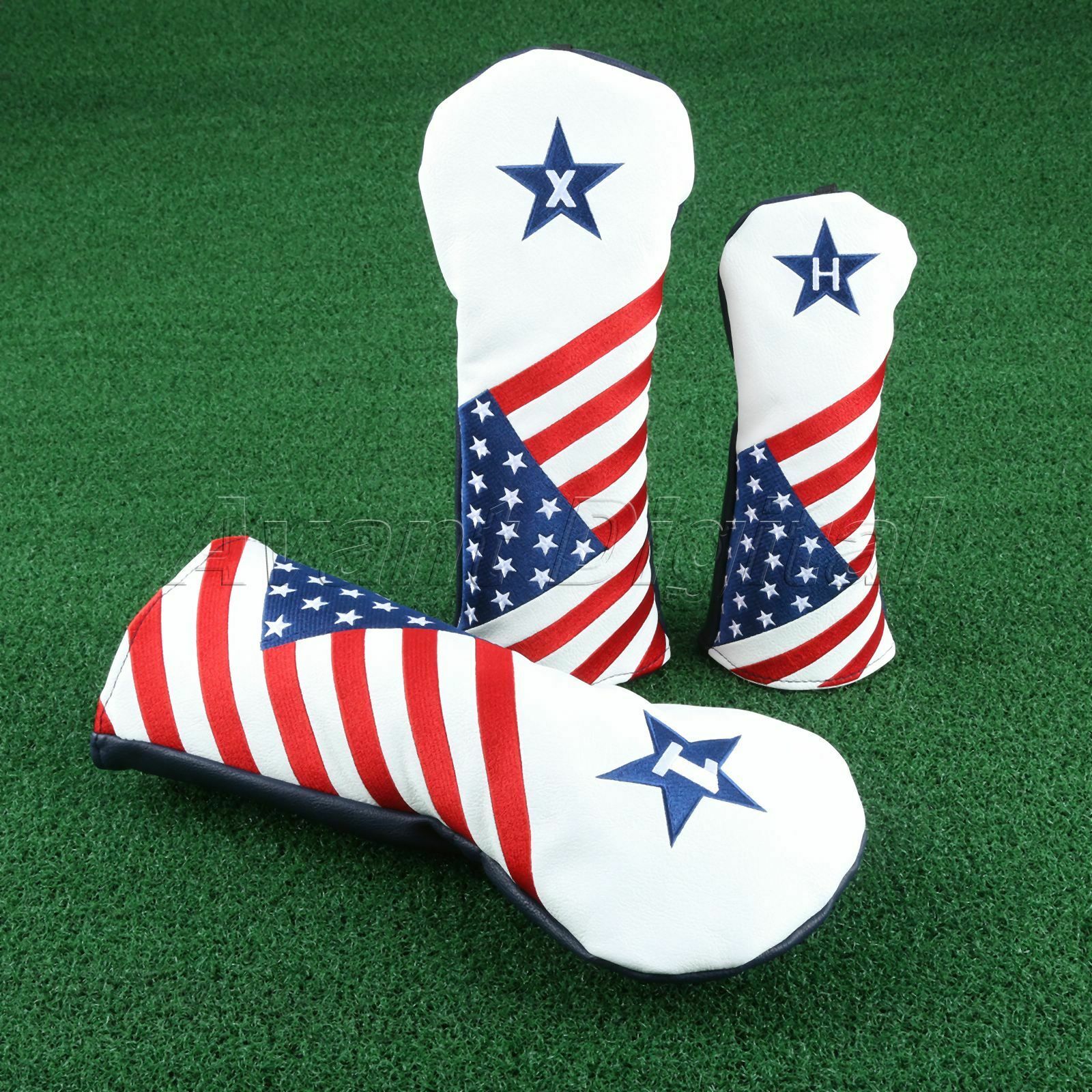 3Piece Golf Putter Iron Headcover Mallet PU Leather American Flag Protector
