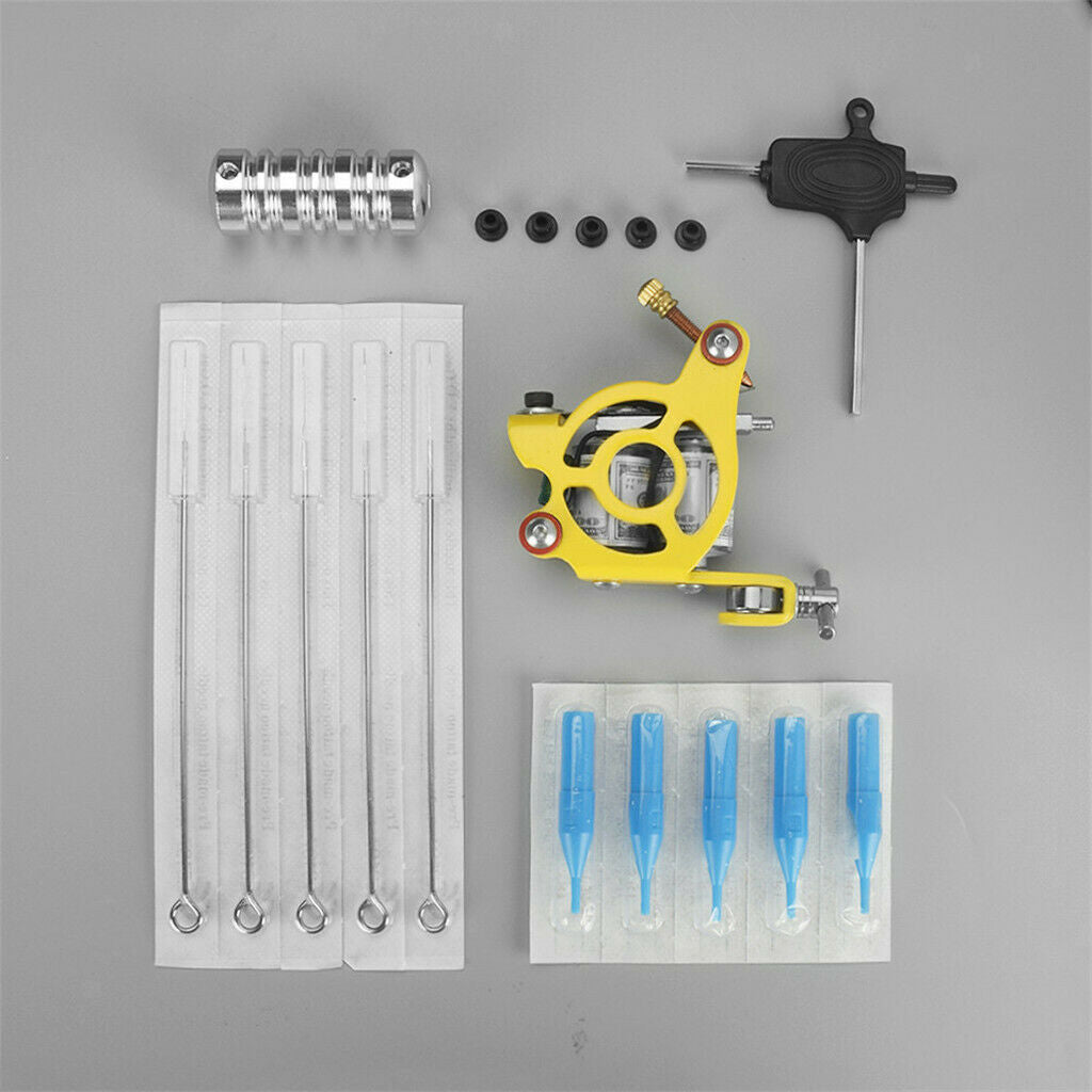 Complete Tattoo Kit Machine Gun Needles Tube Tips Handle Pads Set Yellow