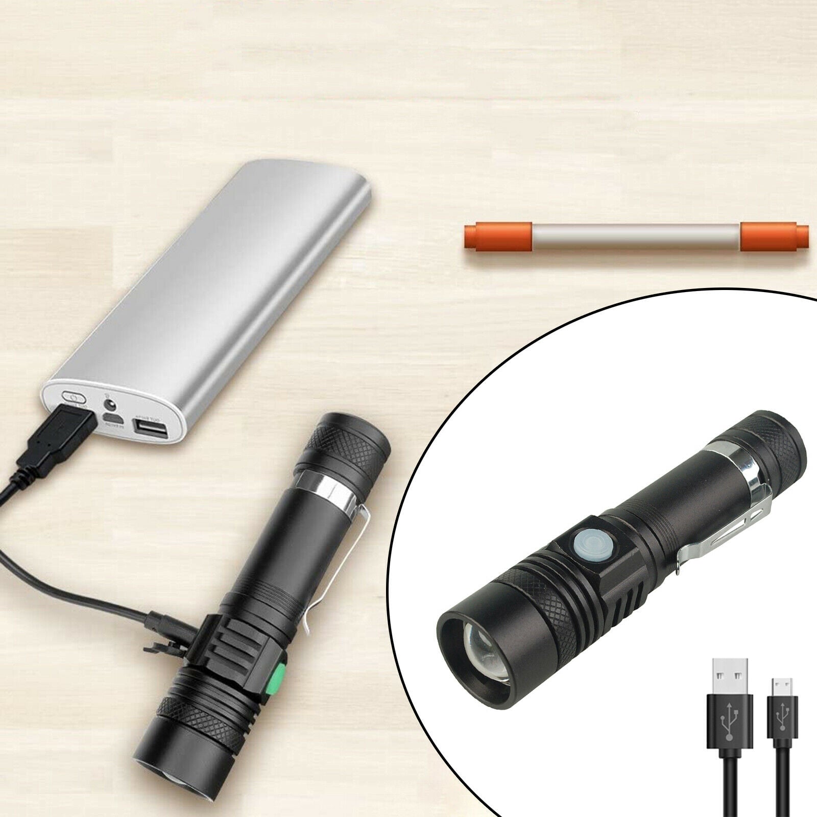 Mini Zoom LED Flashlight Rechargeable Super Bright Resistant Torch Light