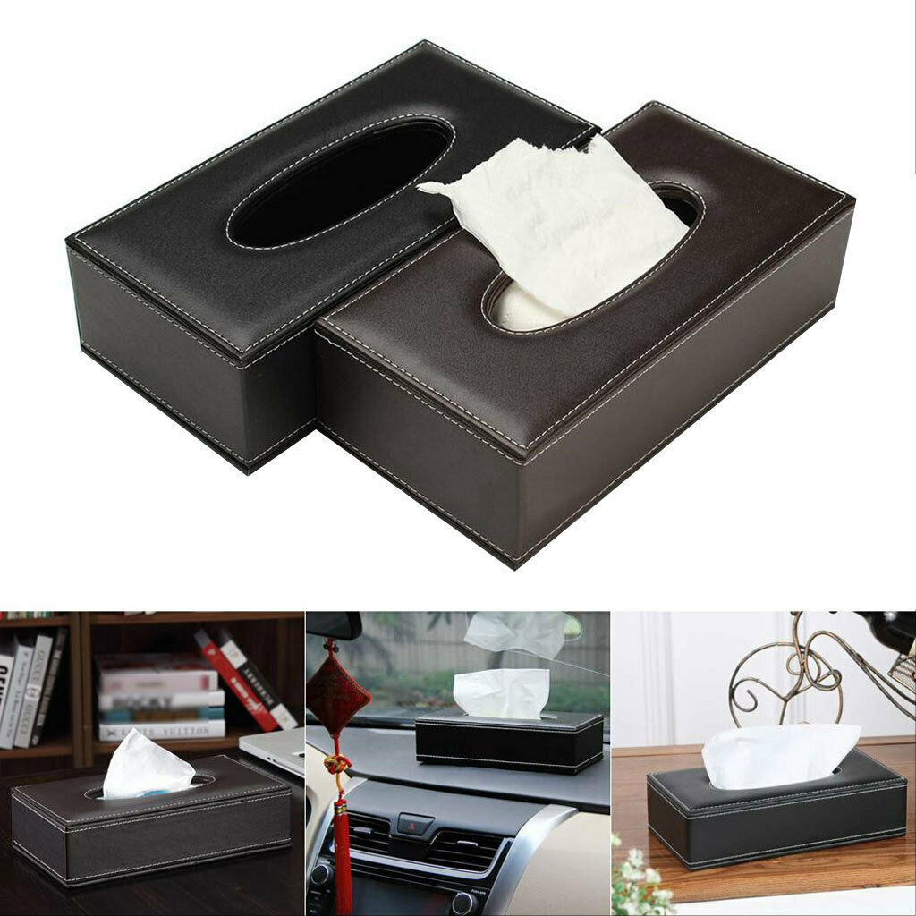 Tissue Cover Box Square PU Leather Tissue Holder for Home Office Car (BLACK)