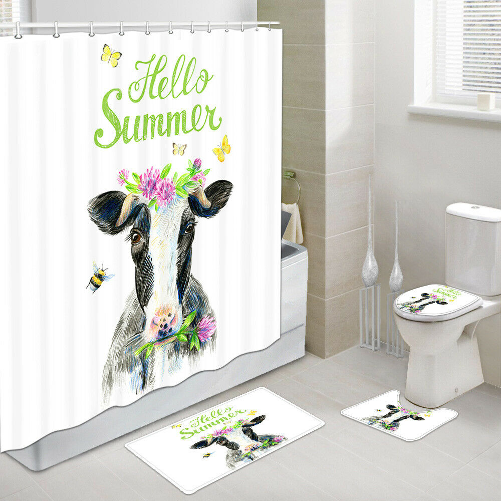 Cow and Hello Summer Shower Curtain Set Bathroom Rug Toilet Lid Seat Cover Set