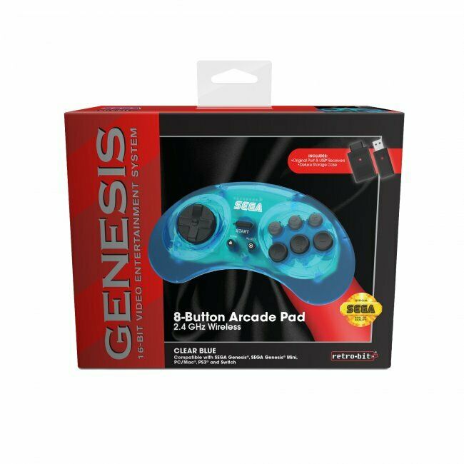 Retro-Bit Official SEGA Genesis Wireless 8-Button Gamepad Controller -CLEAR BLUE