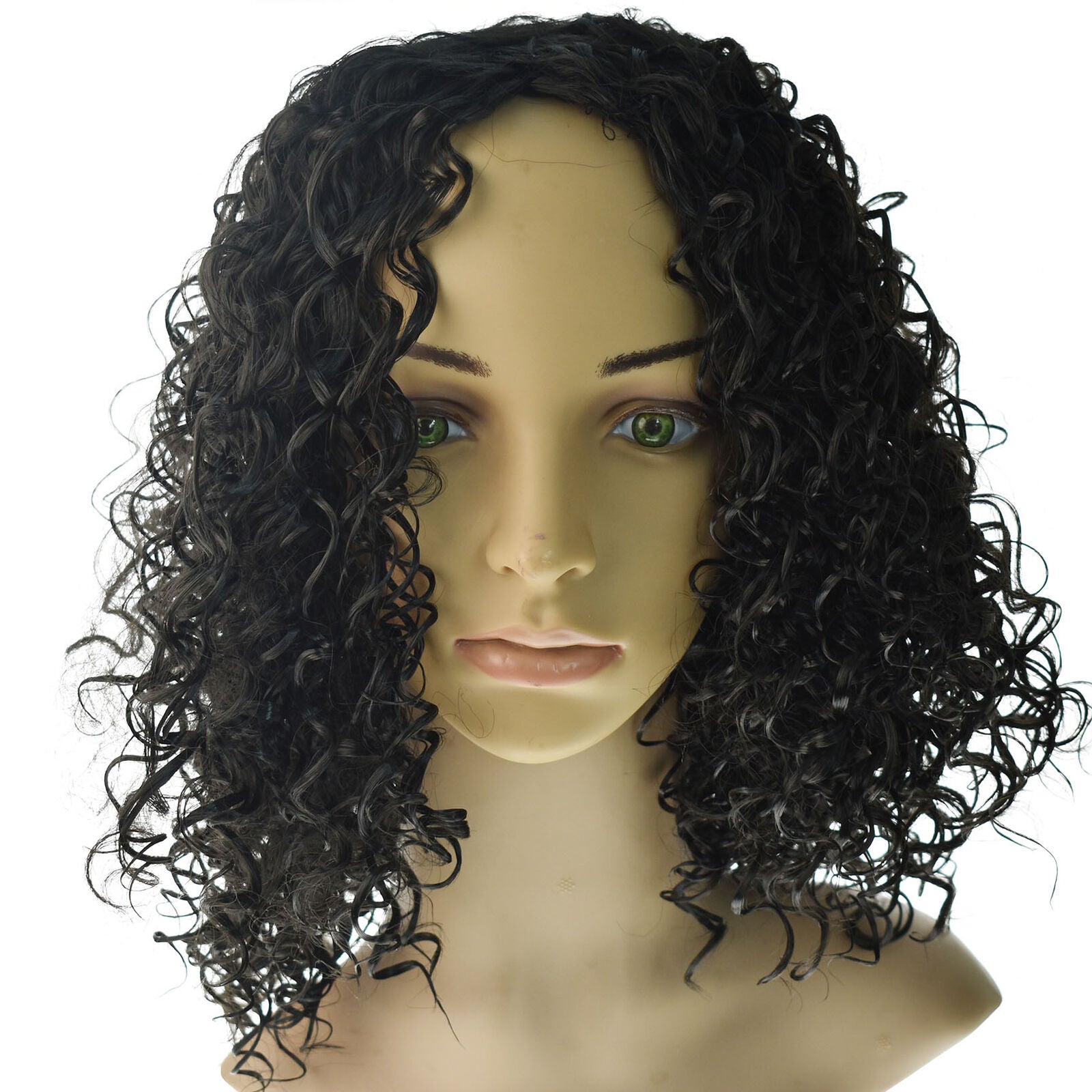 Women's Curly Wavy Short Wigs Dark Black Ladies Costume Synthetic Hair
