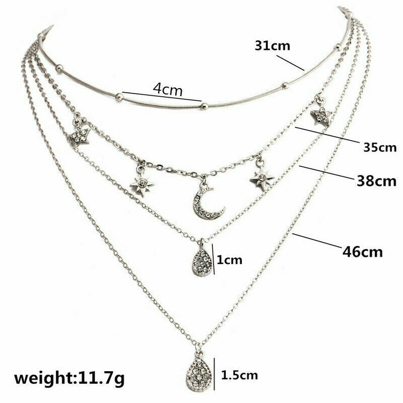 Women Multilayer Choker Pendant Necklace Crystal Star Moon Chain Jewelry Gift