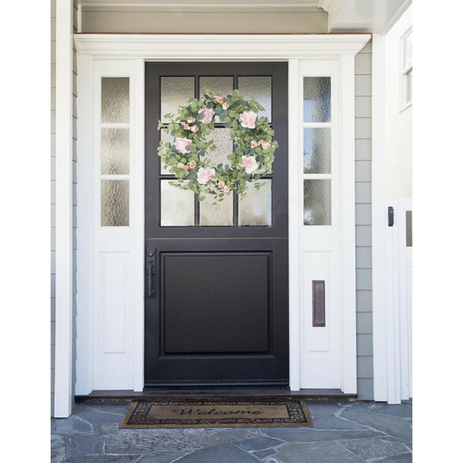 Artificial Eucalyptus Wreath Front Door Silk Rose Garland Spring Outdoor