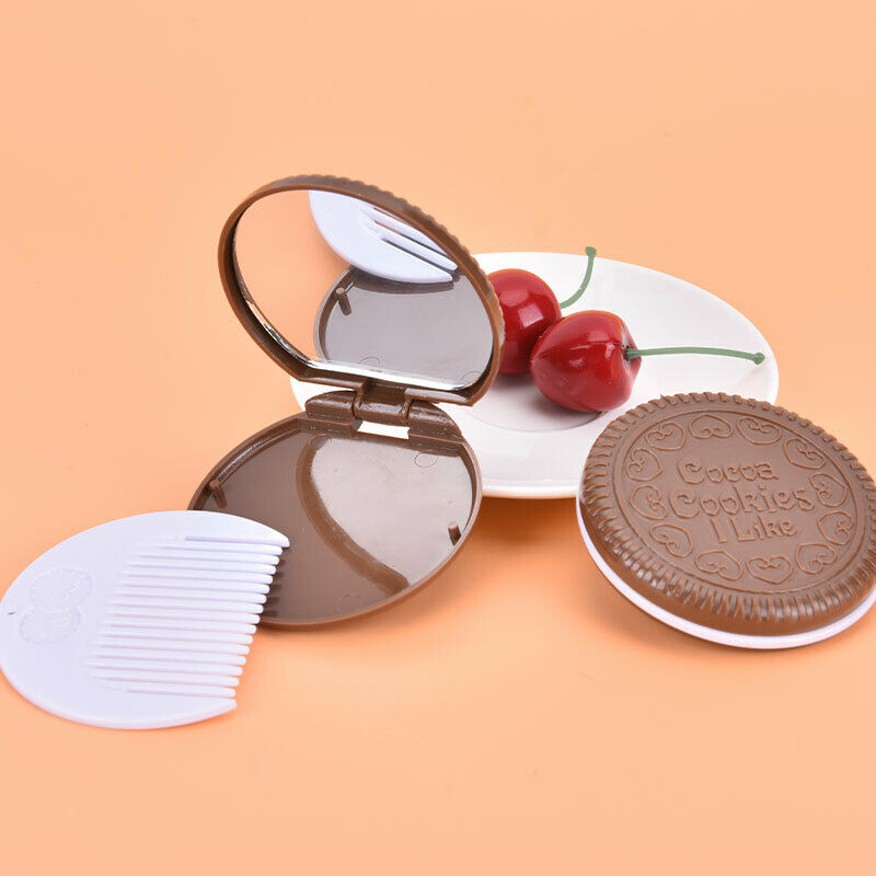 New Makeup Tool Pocket Mirror Mini Cute Chocolate Cookie Shaped With CombL TH