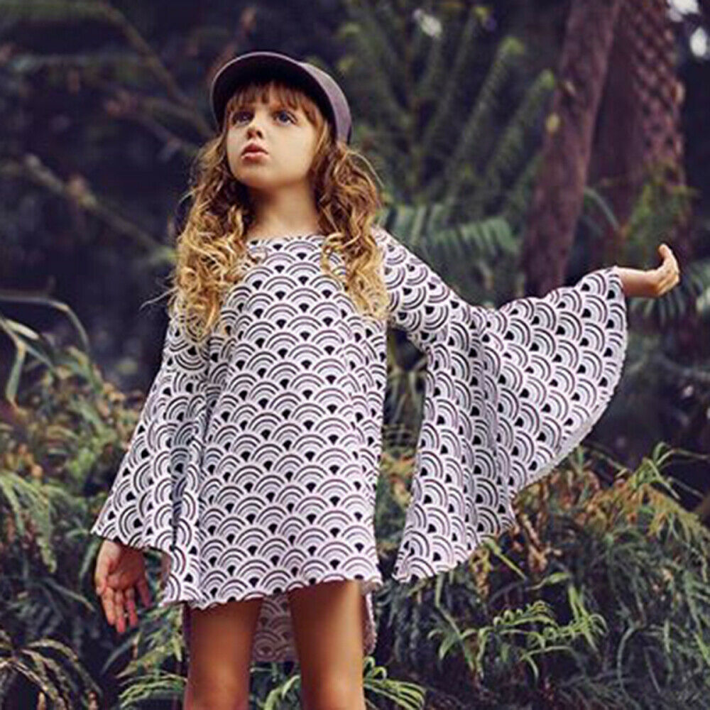 Toddler Baby Kids Girls Dress WiFi Print Flare Sleeve Princess Dresses Outfits