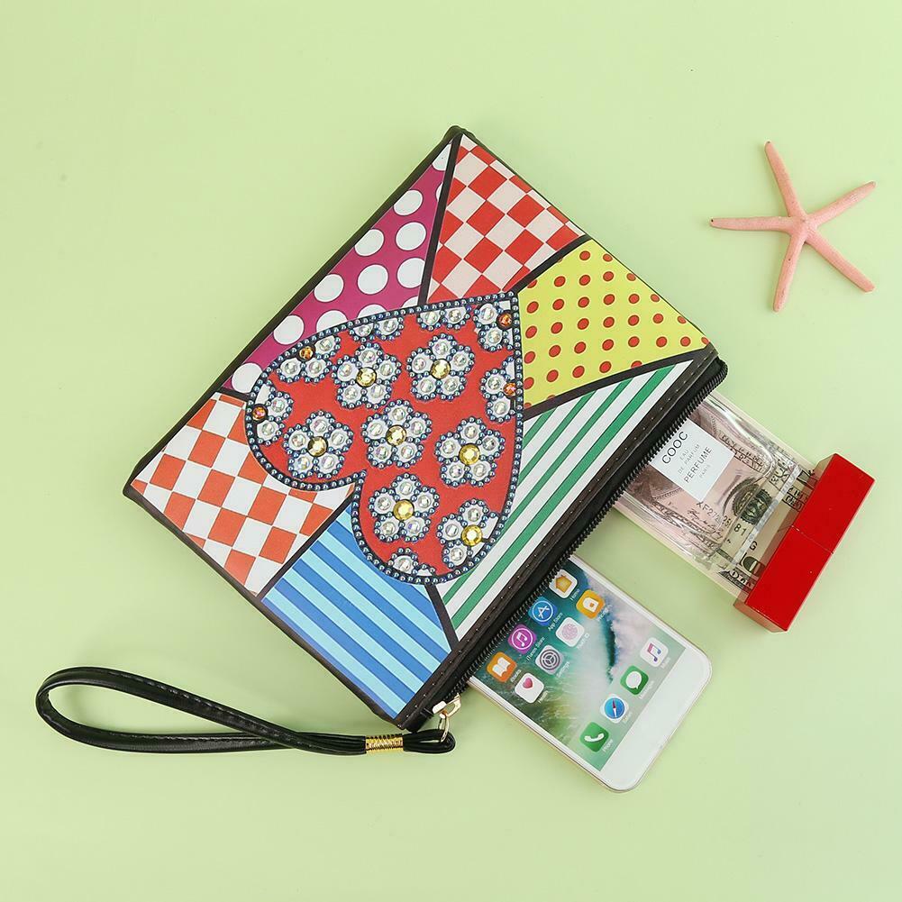 DIY Heart Special Shape Diamond Painting Women Wristlet Purse Zipper Clutch @