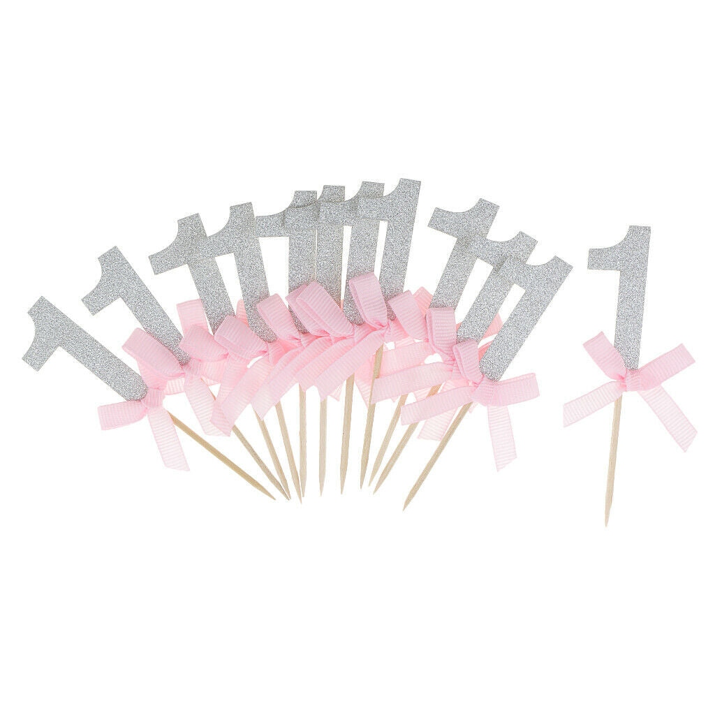 12x Glitter Number One Cake Toppers Cupcake Picks Kids 1st First Birthday