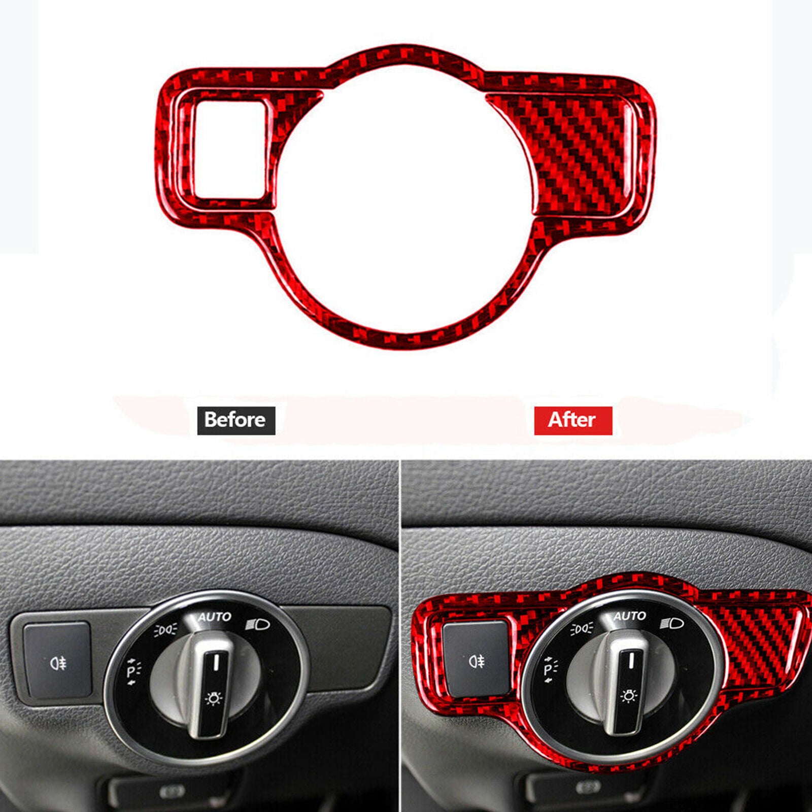 Red Carbon Fiber Headlight Button Cover Trim For Mercedes Benz CLA GLA GLE