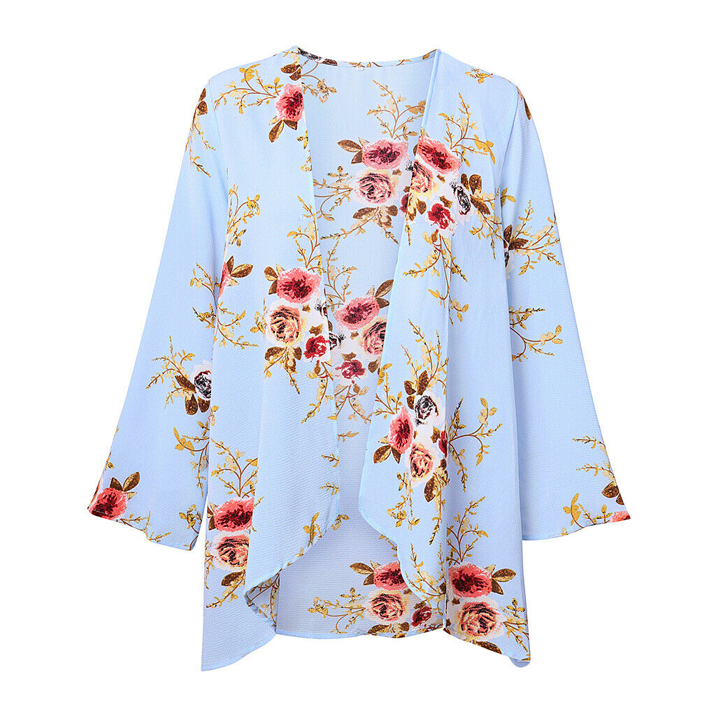 Women's Casual Floral Long Sleeve Chiffon Kimono Shawl Blouse Tops Blue M