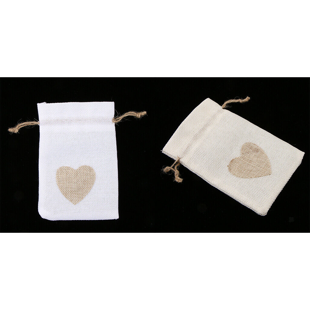 20Pcs Natural Burlap Bags with Jute Drawstring, Love Heart Print Wedding Party