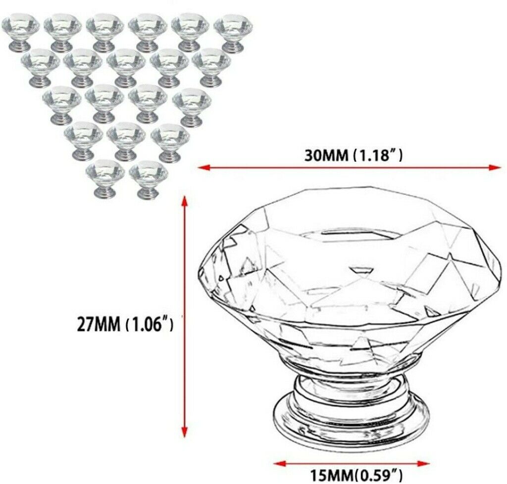 30mm Glass Diamond Crystal Dresser Knobs Drawer Pull Handle Cabinet Door 20PCS