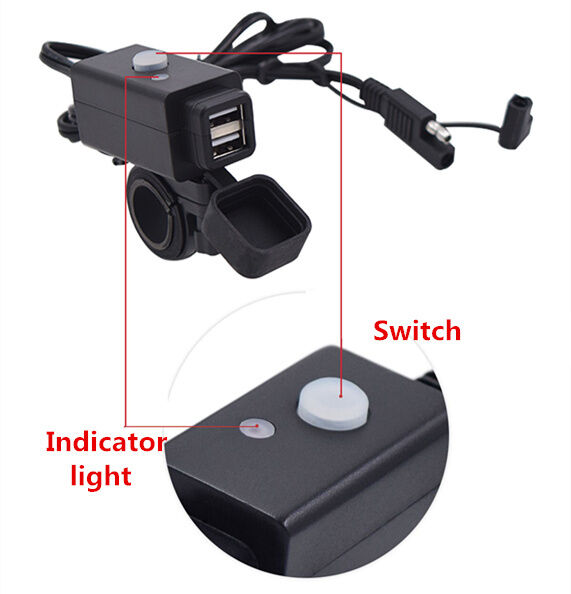1x Motorcycle Dual USB Charger with Handlebar Bracket Indicator Light and Switch