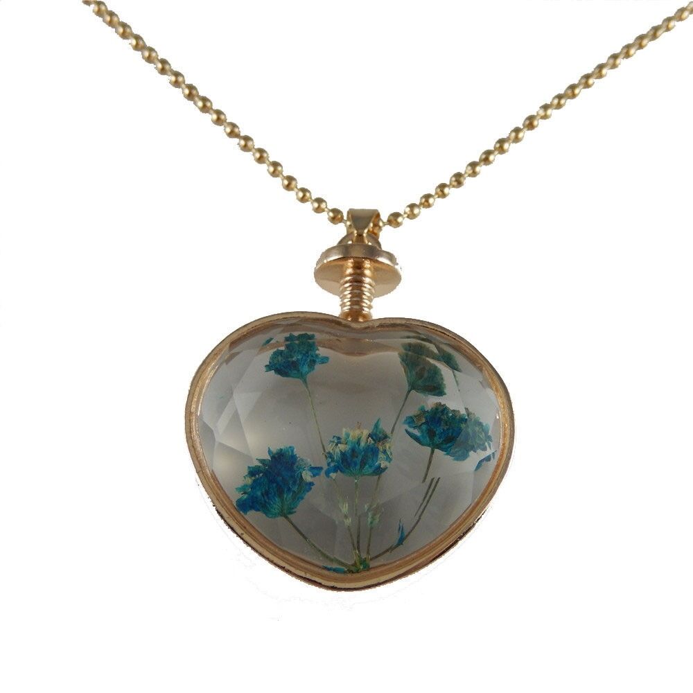 1-pack Clear Glass Heart Floating Dried Flowers Necklace Pendant Jewelry 24 inch