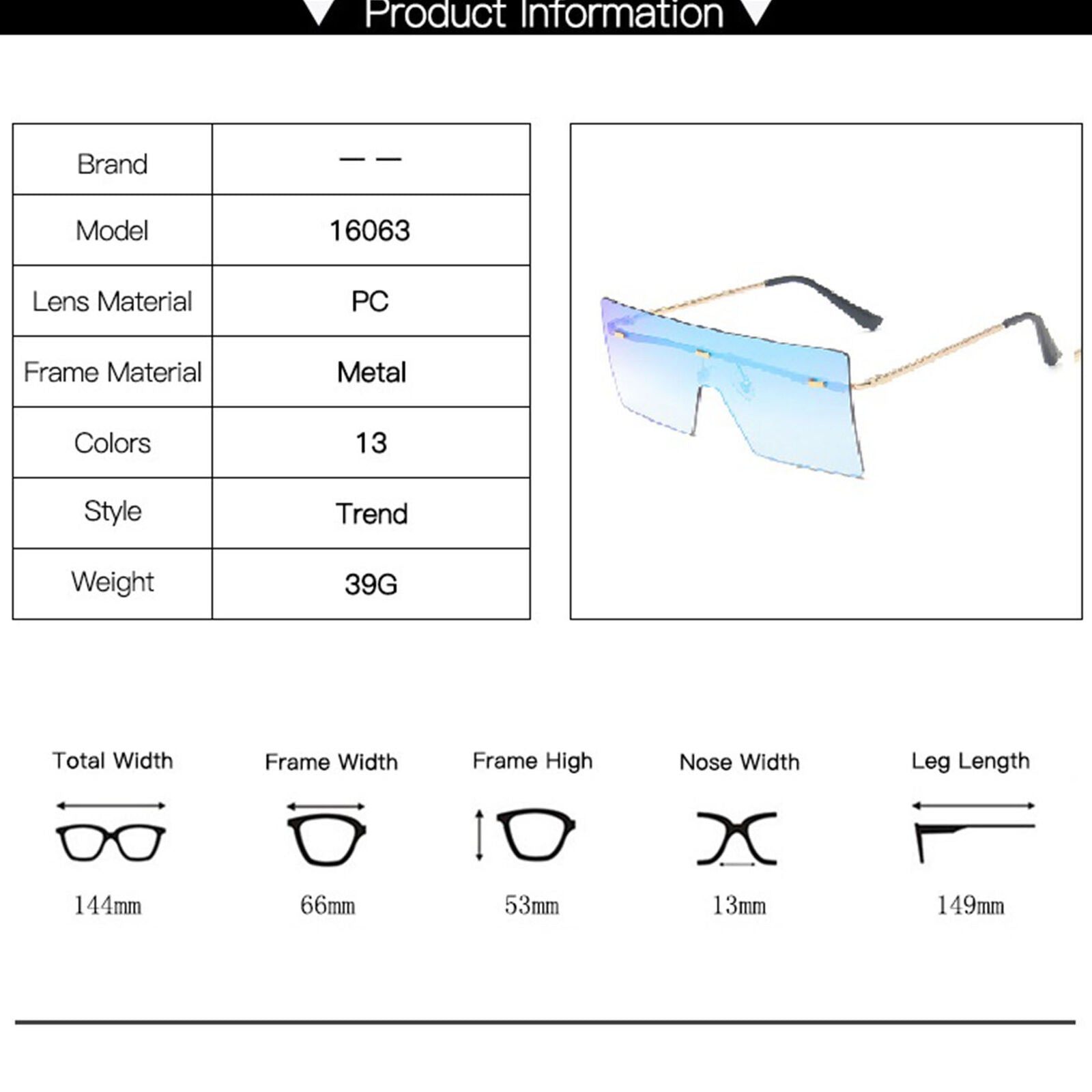 Rimless Oversized XXL Mirrored Square Sunglasses Women Outdoor Shade Glasses