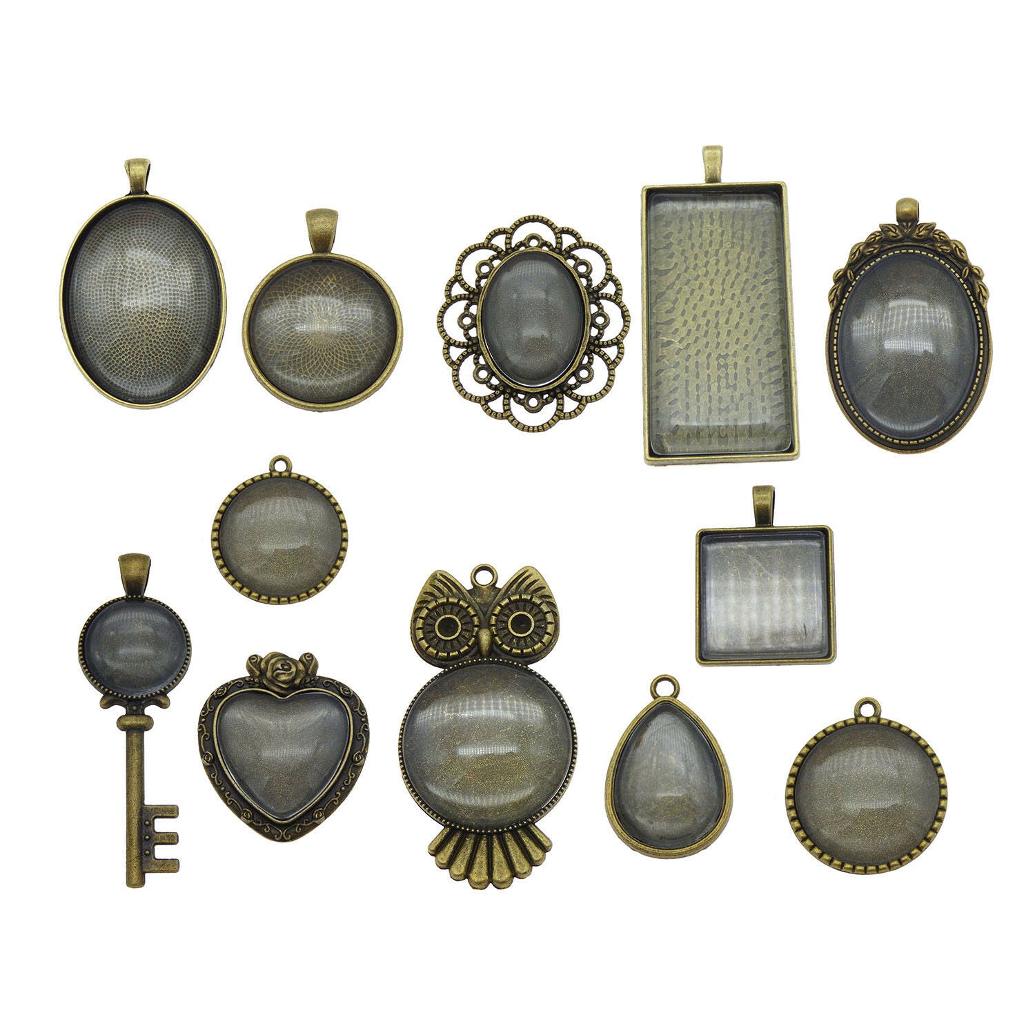 10 sets Antiqued Bronze Alloy Bezels Glass Cabochons Photo Making Pendants Mix