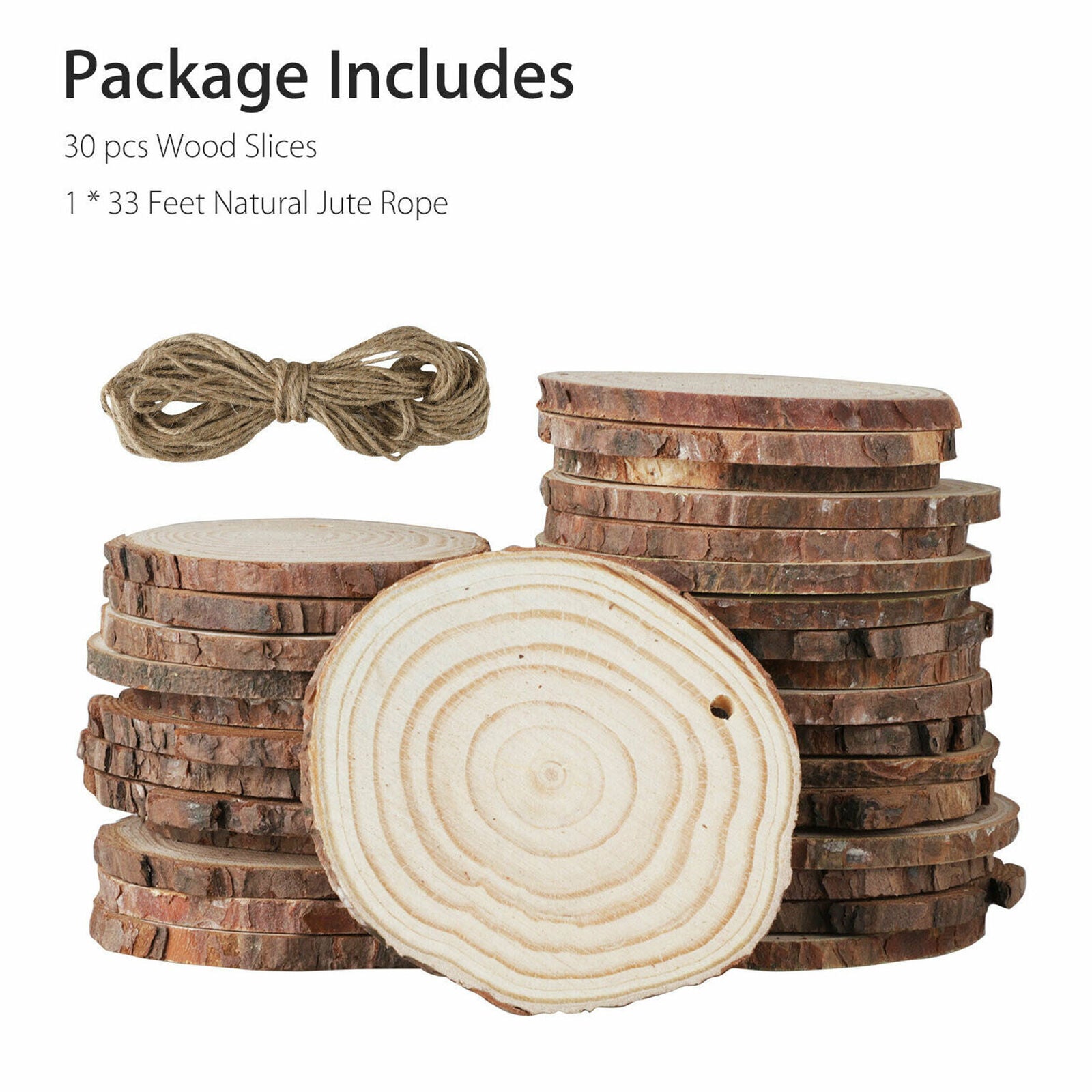 30x Natural Wood Slices Round Disc Tree Bark Log Wooden Circles for DIY Craft