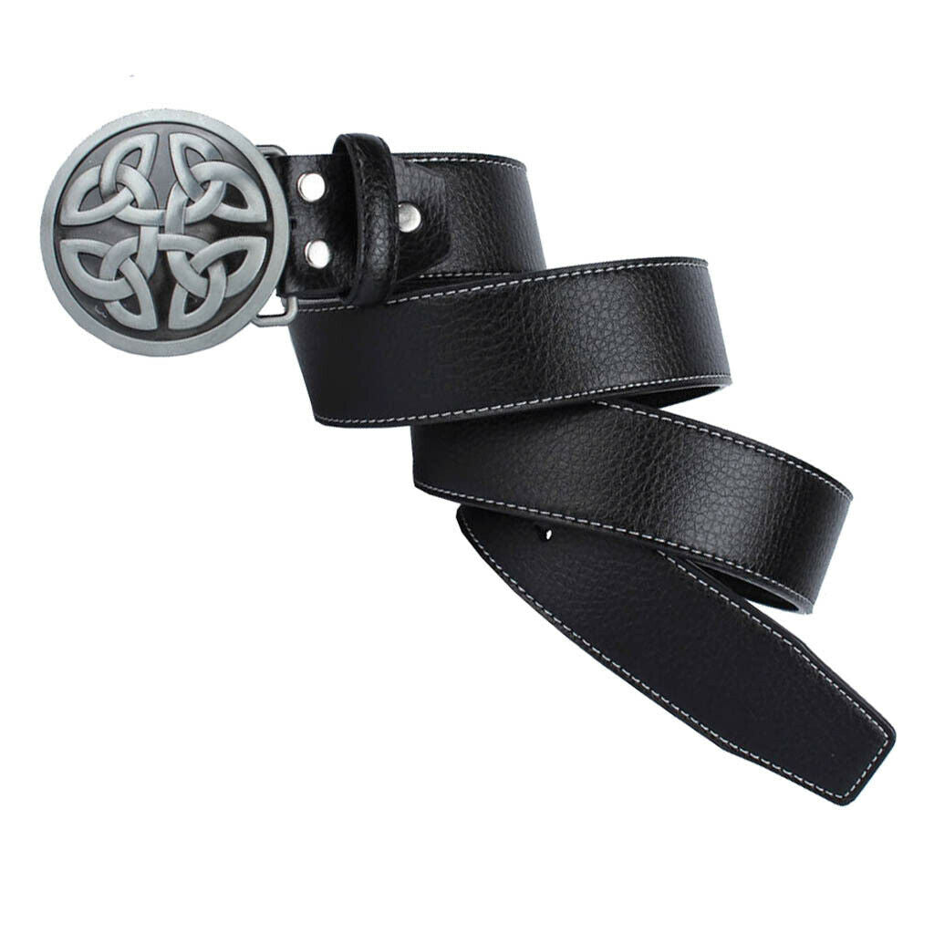 Adjustable Men's Leather Belt with Zinc Alloy Celtic Buckle for Jeans - Black,