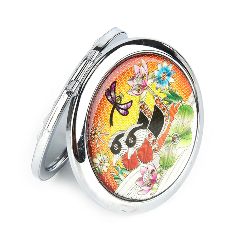 Crystal Folding Round Pocket Compact Makeup Cosmetic Mirror Portable XGA Rf